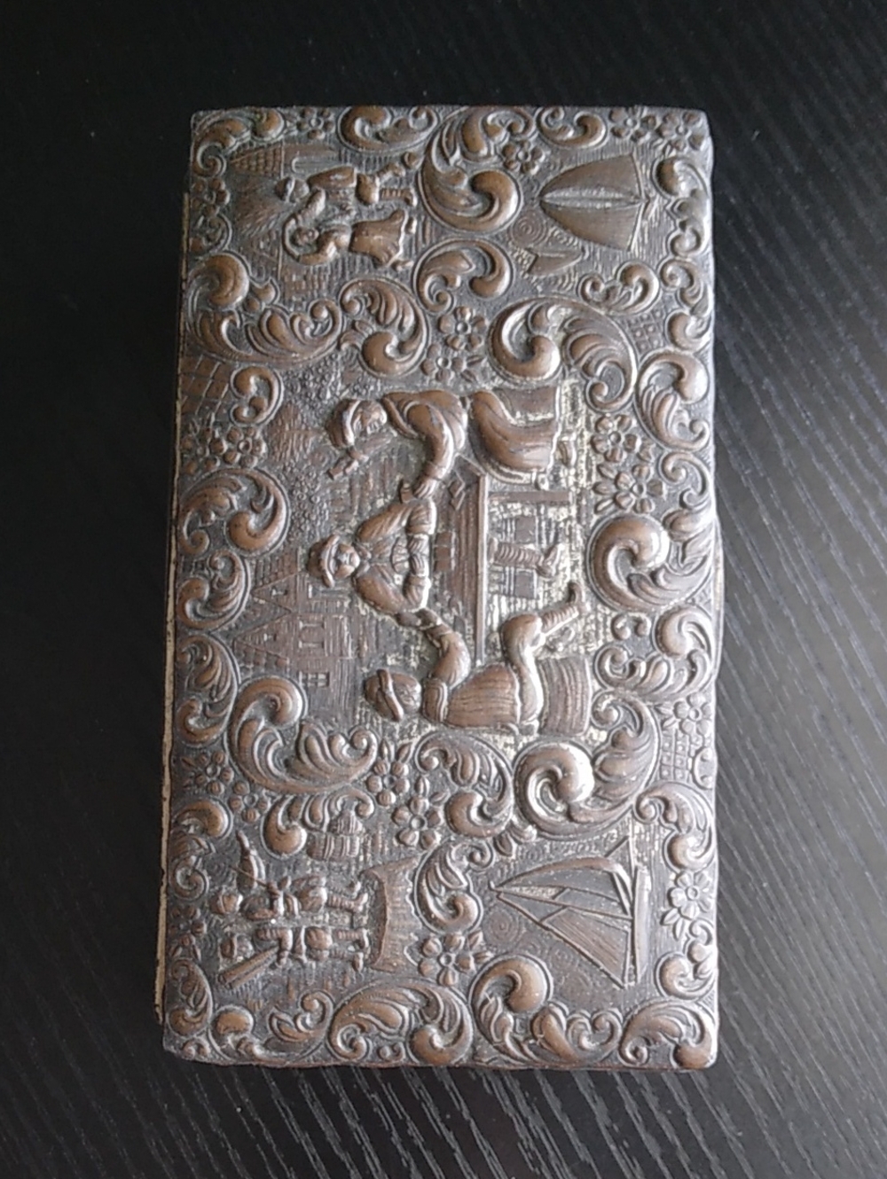 Vintage Embossed Metal Trinket Box Nautical Travelers Folk Art Wood Lined Japan